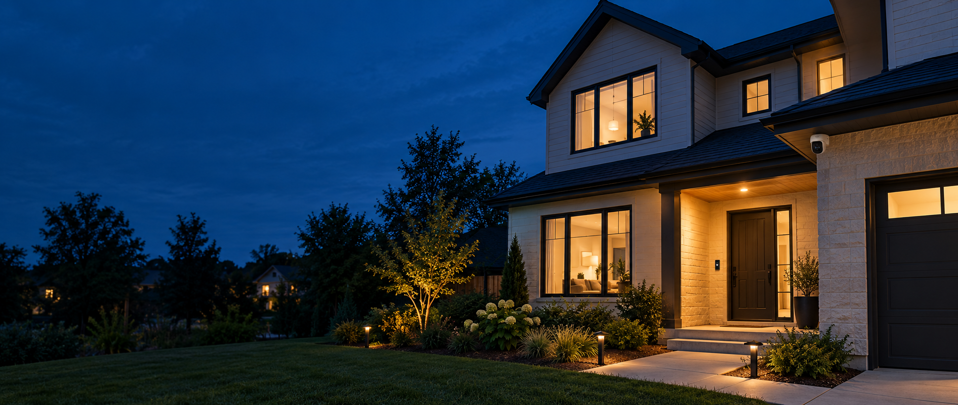 A warmly lit home at dusk